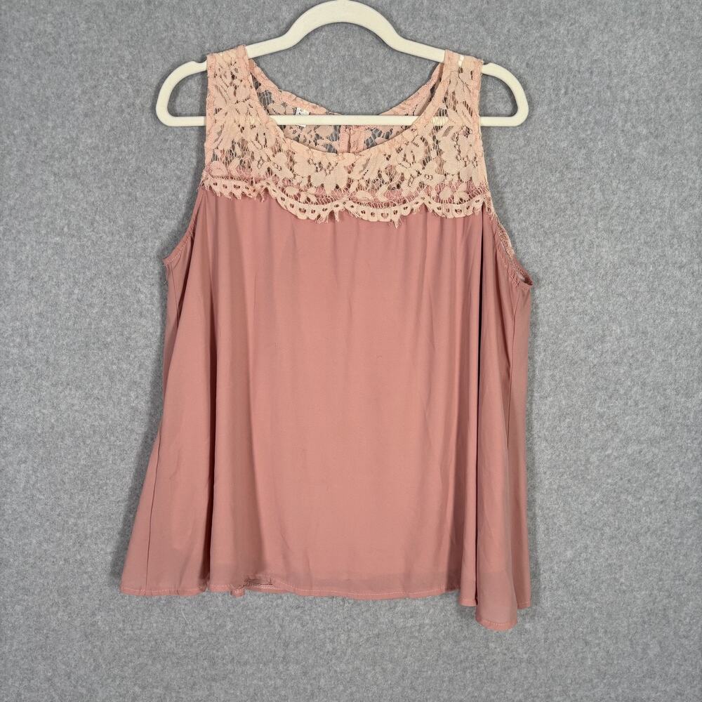 Leo Tank Top XL Pink Lace Trim Scalloped Cami Coquette‎ Fairy Romantic Blouse